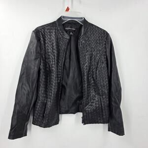 Colleen Lopez Womens XS Moto Biker Faux Leather Jacket Black Plaited (FLAWED)